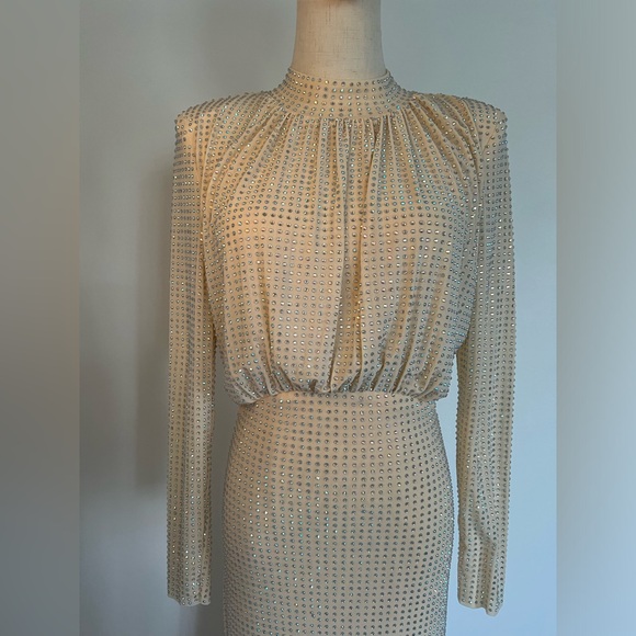 Self Portrait dress Gold Crystals Maxi Long Sleeves - Picture 2 of 9